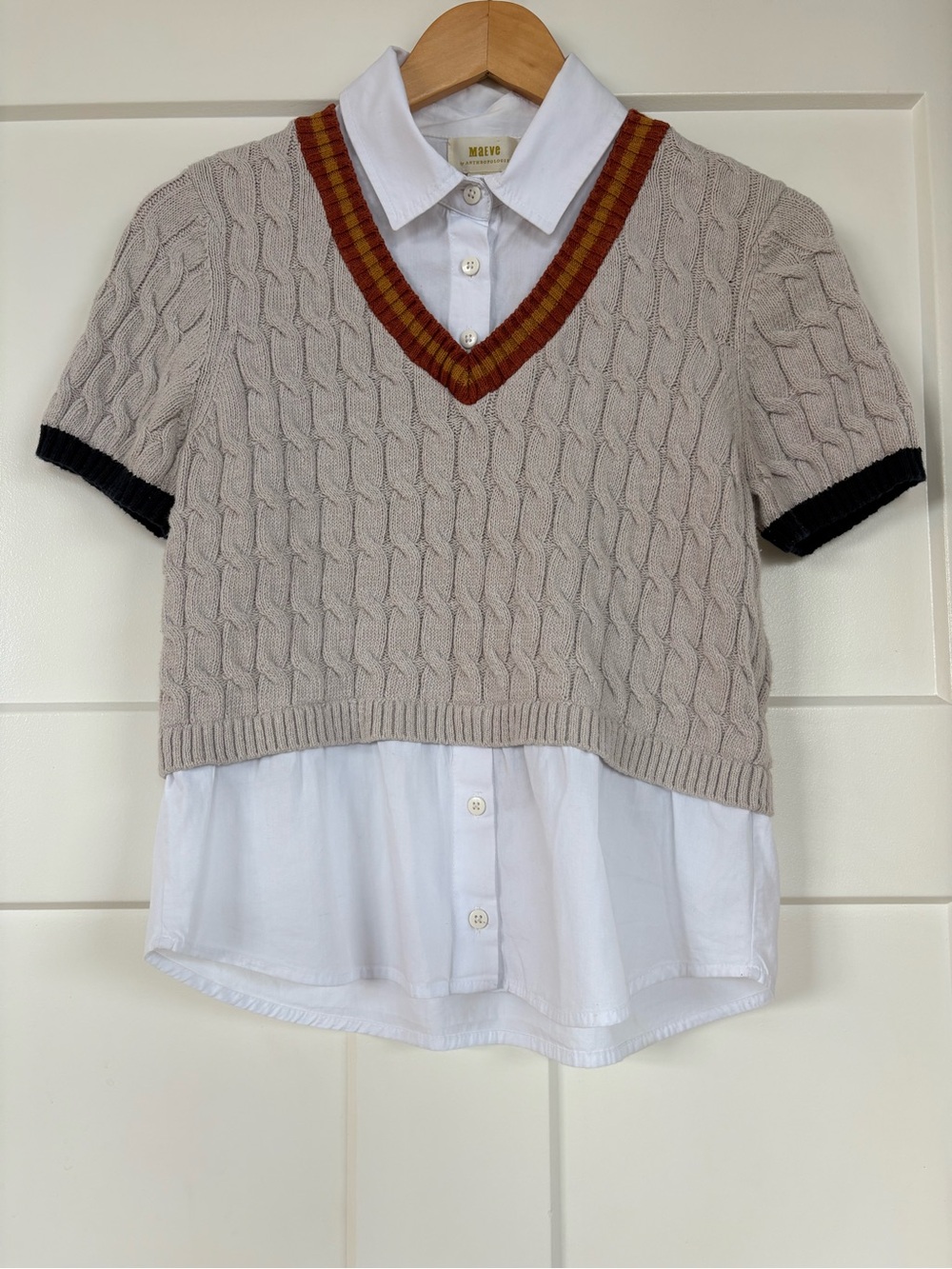 Maeve by Anthro Beige Cable Knit Cricket Sweater Top, Timeless V-neck Size Small - Picture 7 of 14